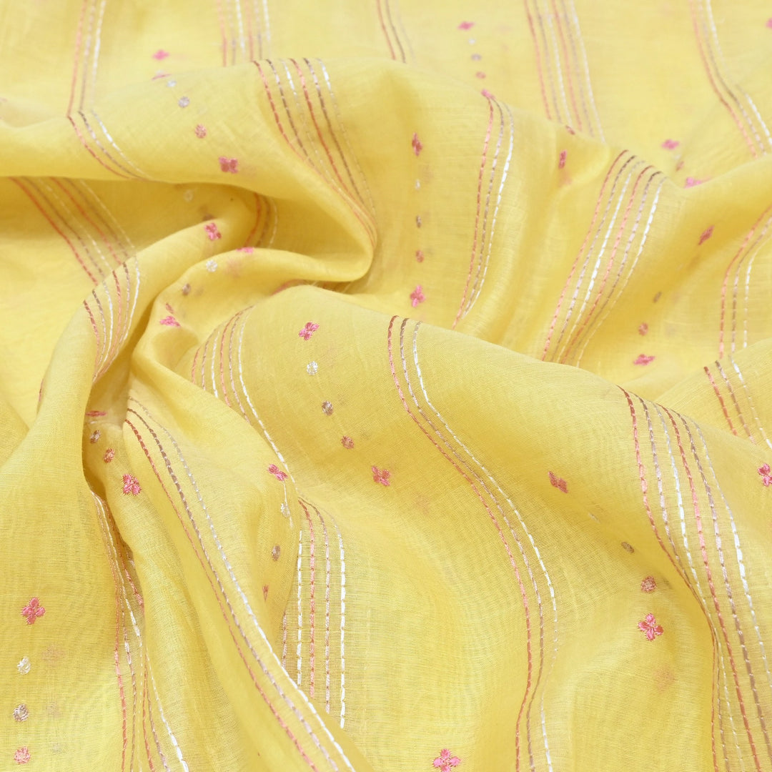 sweet corn yellow Color Mul Chanderi Thread Embroidery Fabric