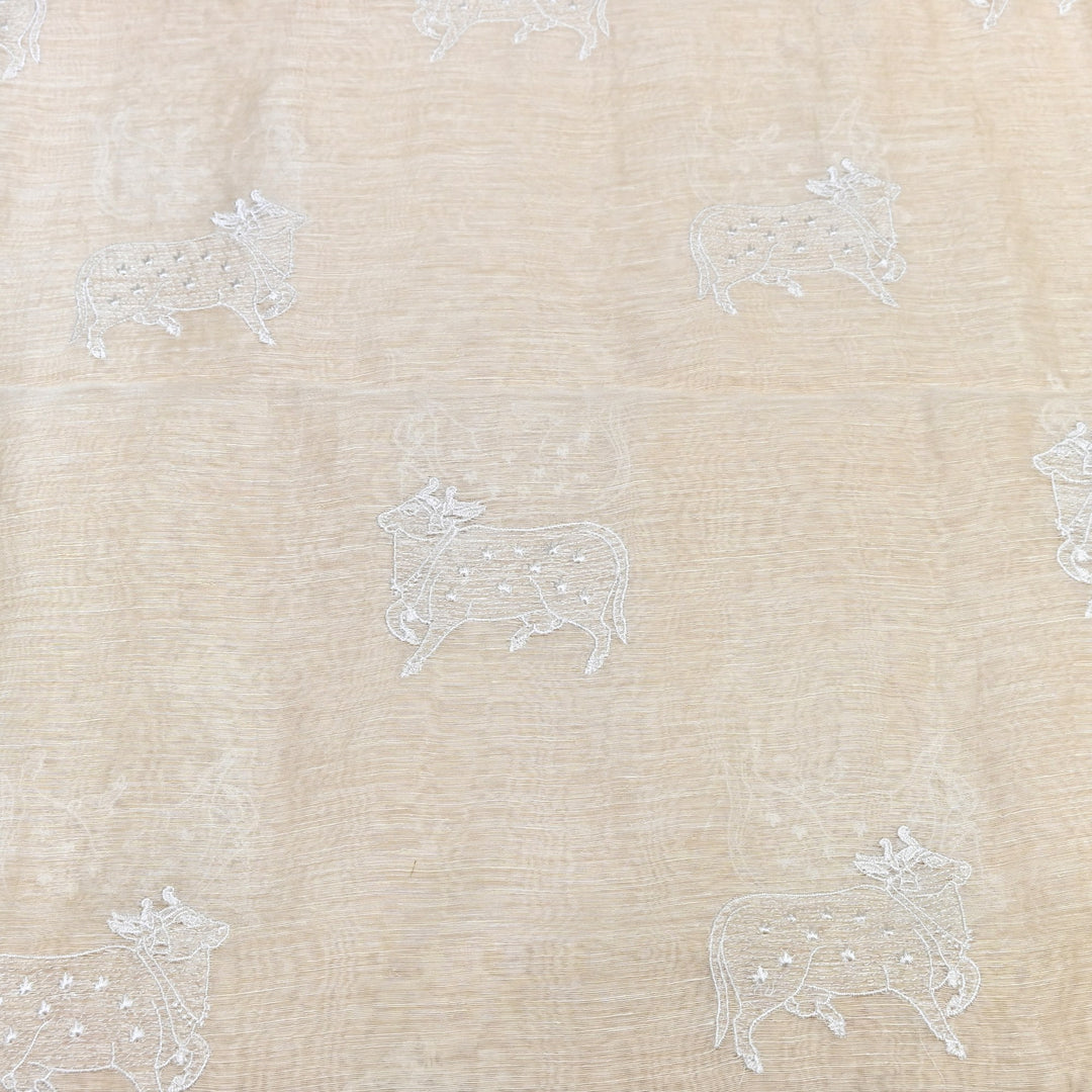 Beige Color Linen Thread Embroidery Fabrics – Soft Designer Linen Embroidered Fabric-031168-2