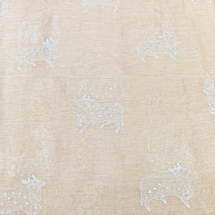 Beige Color Linen Thread Embroidery Fabrics – Soft Designer Linen Embroidered Fabric-031168-2