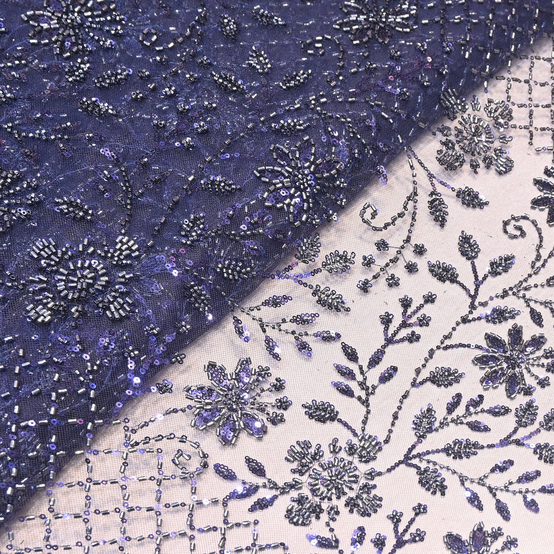 Premium Imported Heavy Beaded Floral Embroidery Net Fabric- 8827635-01