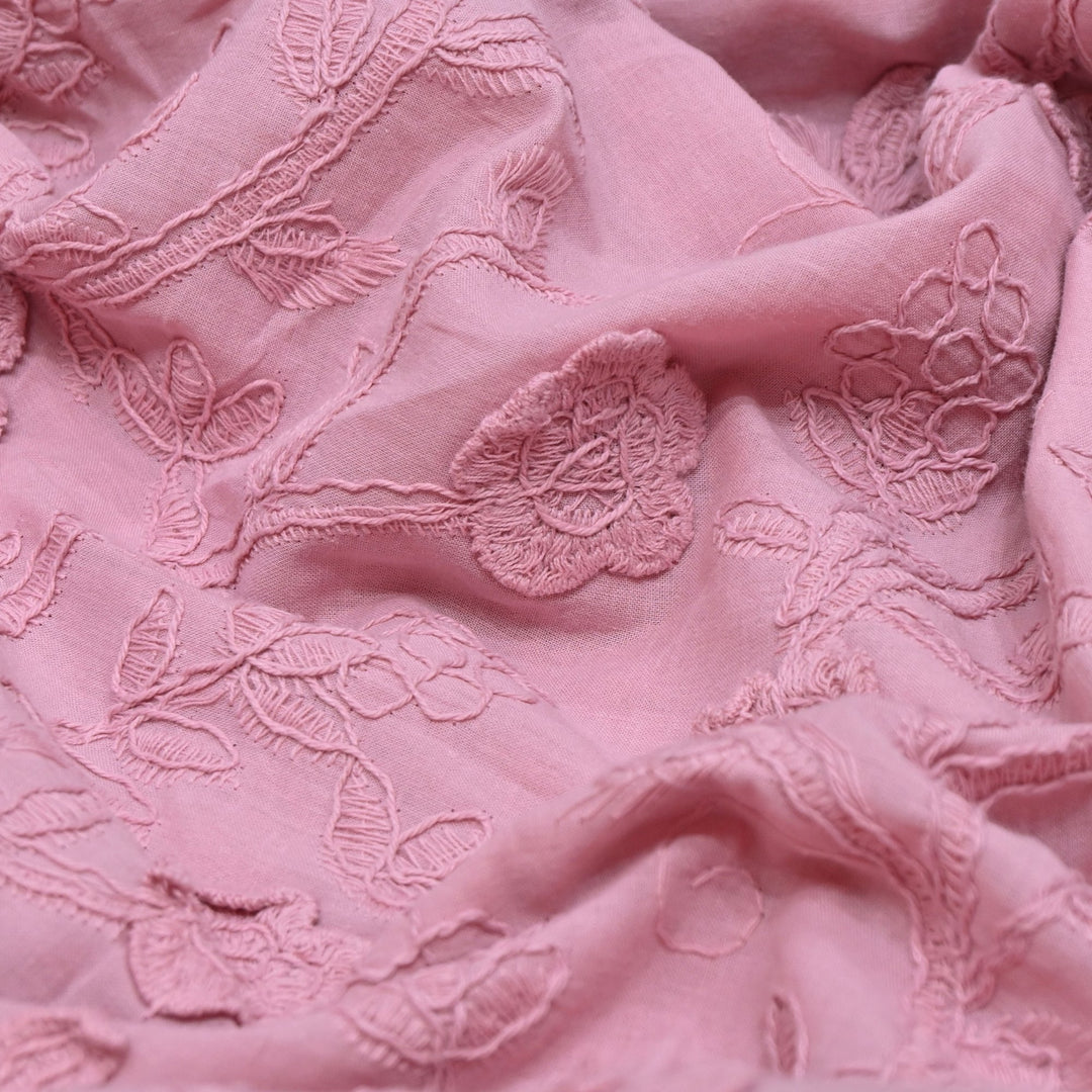 Light Mauve Color Pure Cotton Floral Thread Embroidery Fabric