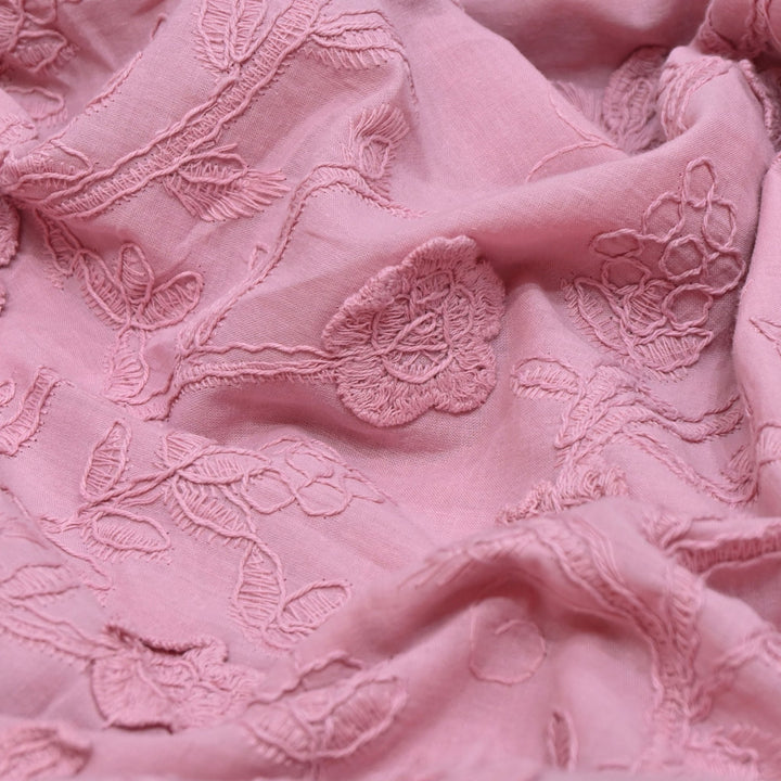 Light Mauve Color Pure Cotton Floral Thread Embroidery Fabric
