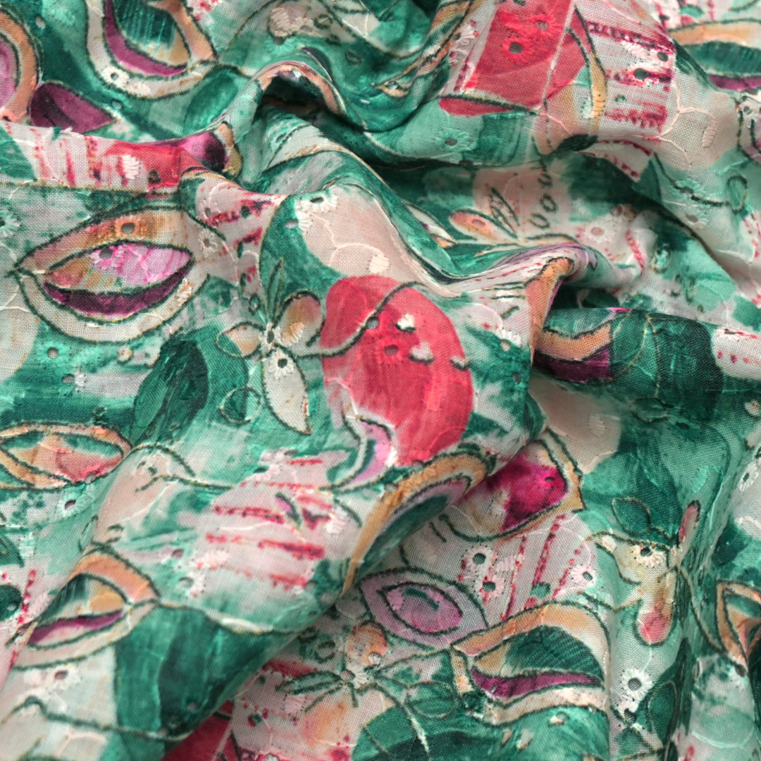 Floral Digital Print Cotton Chikan Embroidery Fabrics