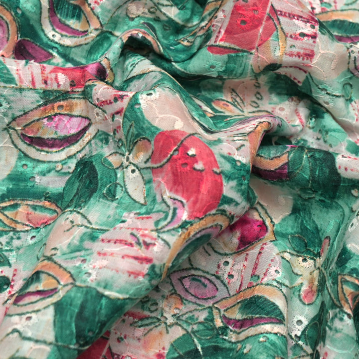Floral Digital Print Cotton Chikan Embroidery Fabrics