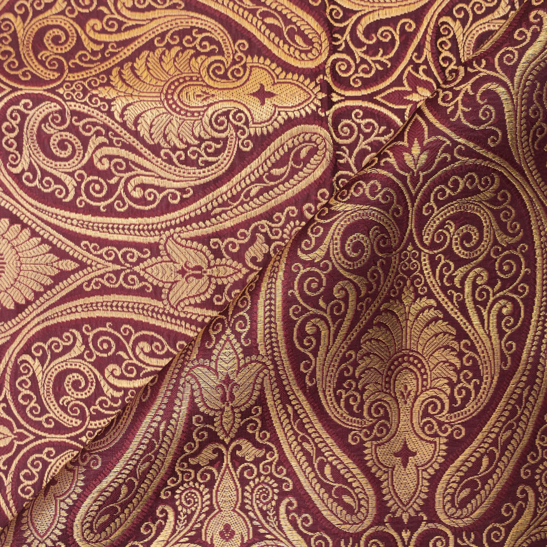 Maroon & Gold Paisley Brocade Fabric| 100-23-121