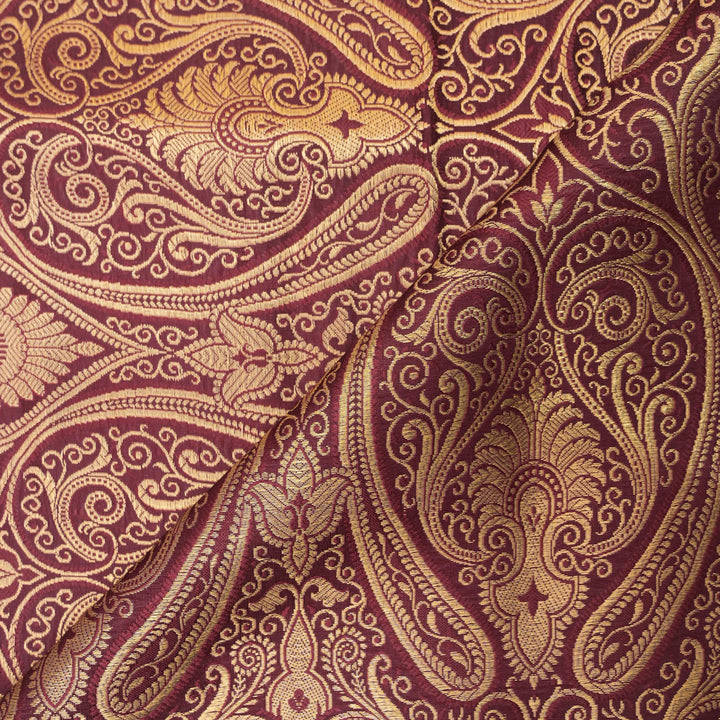 Maroon & Gold Paisley Brocade Fabric| 100-23-121
