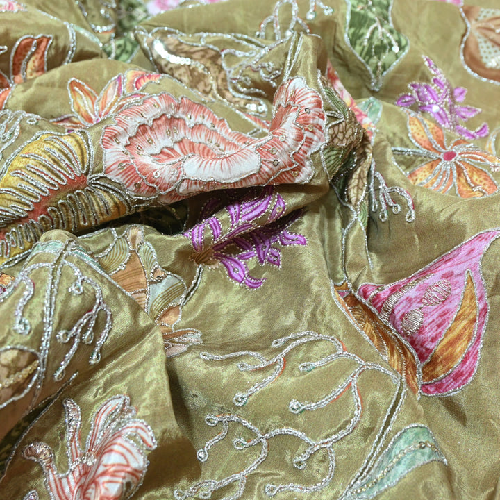 Multi Color Crepe Position Print Zari Sequence Embroidery Fabric-0NP432-1