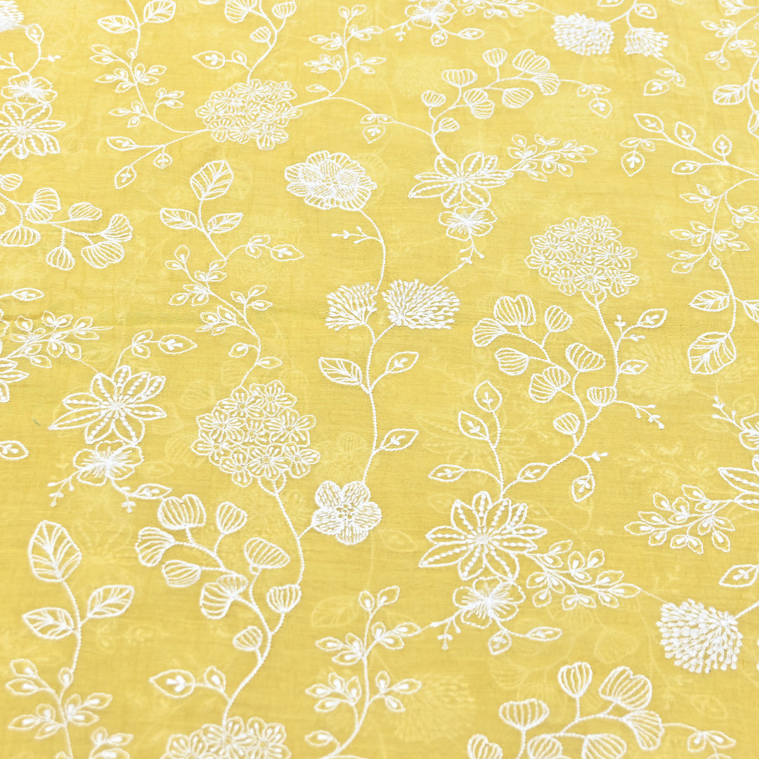 Mustard Yellow Color Mul Chanderi Thread Embroidery Fabric – Soft Lightweight Designer Fabric- F73560-2
