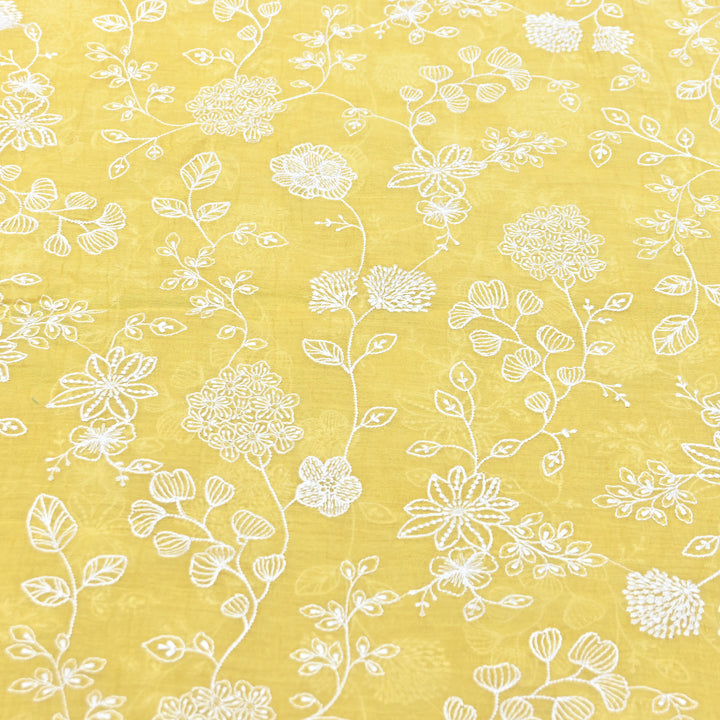 Mustard Yellow Color Mul Chanderi Thread Embroidery Fabric – Soft Lightweight Designer Fabric- F73560-2