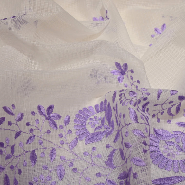 Off White with Pink Color Cotton Kota Thread Embroidery Fabric