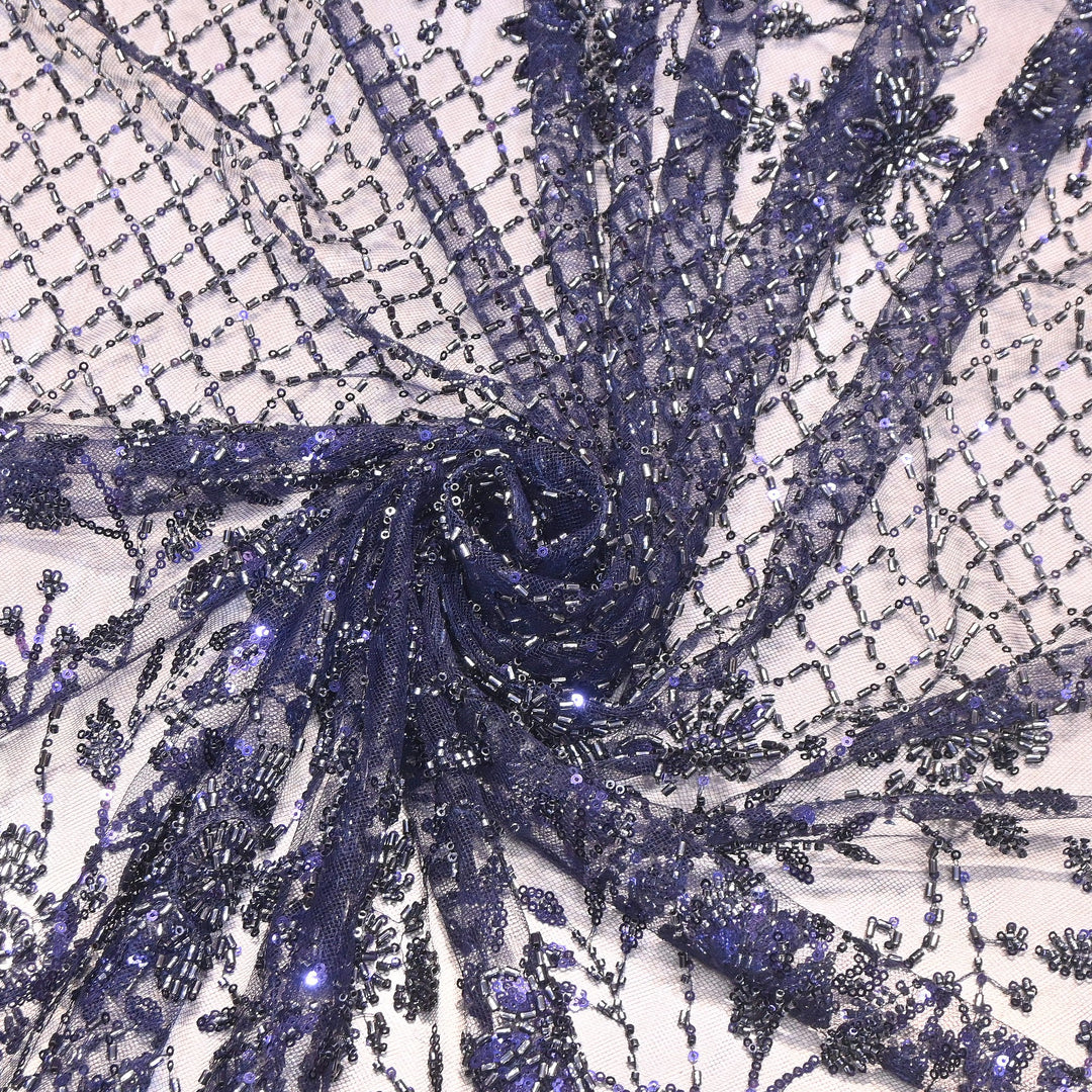 Premium Imported Heavy Beaded Floral Embroidery Net Fabric- 8827635-01