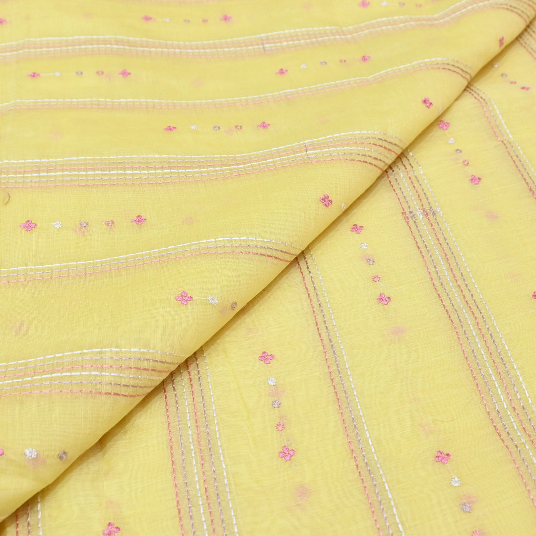 sweet corn yellow Color Mul Chanderi Thread Embroidery Fabric