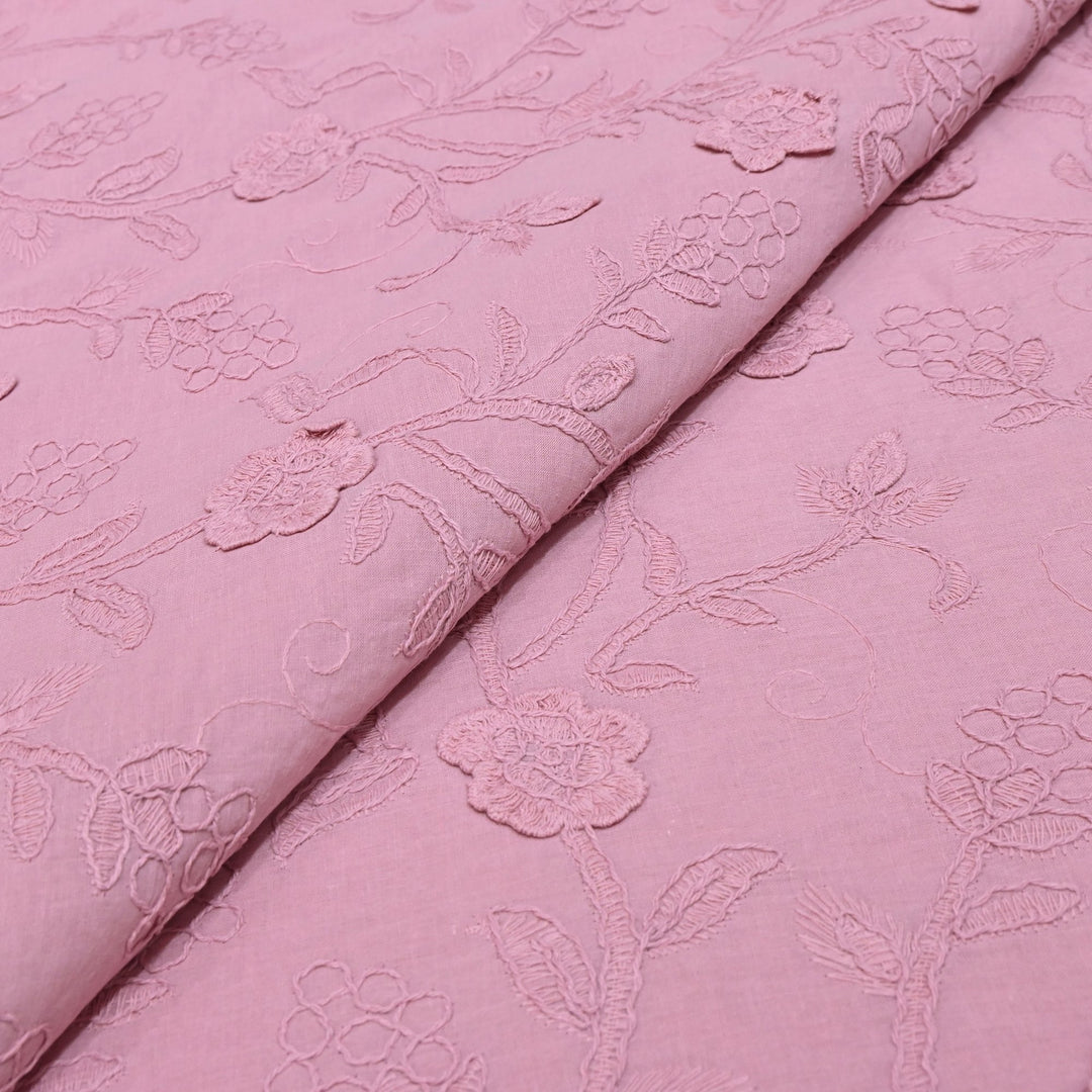 Light Mauve Color Pure Cotton Floral Thread Embroidery Fabric