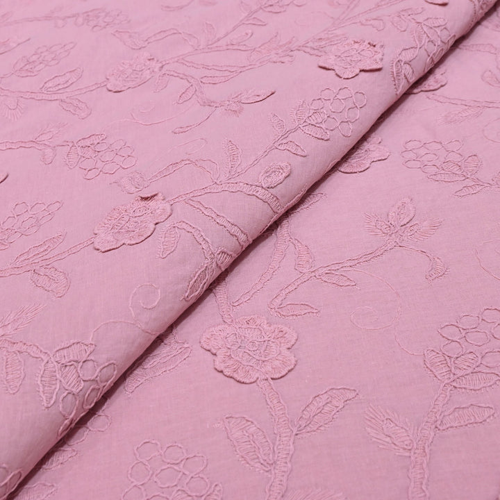 Light Mauve Color Pure Cotton Floral Thread Embroidery Fabric