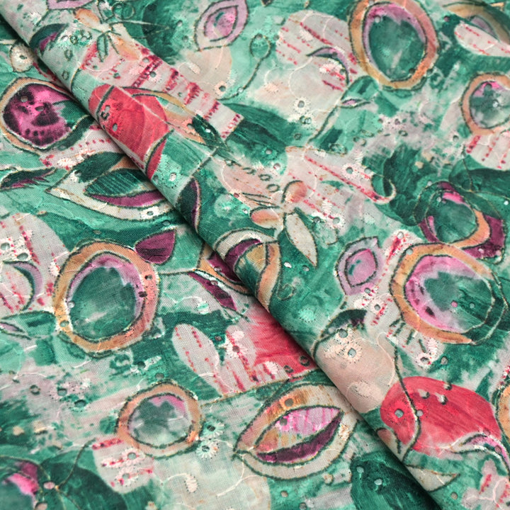 Floral Digital Print Cotton Chikan Embroidery Fabrics