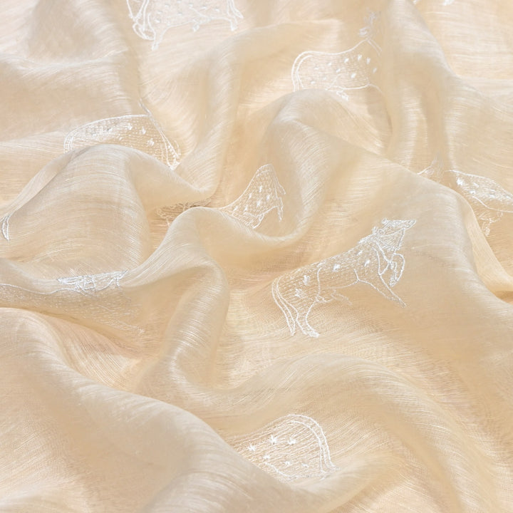 Beige Color Linen Thread Embroidery Fabrics – Soft Designer Linen Embroidered Fabric-031168-2