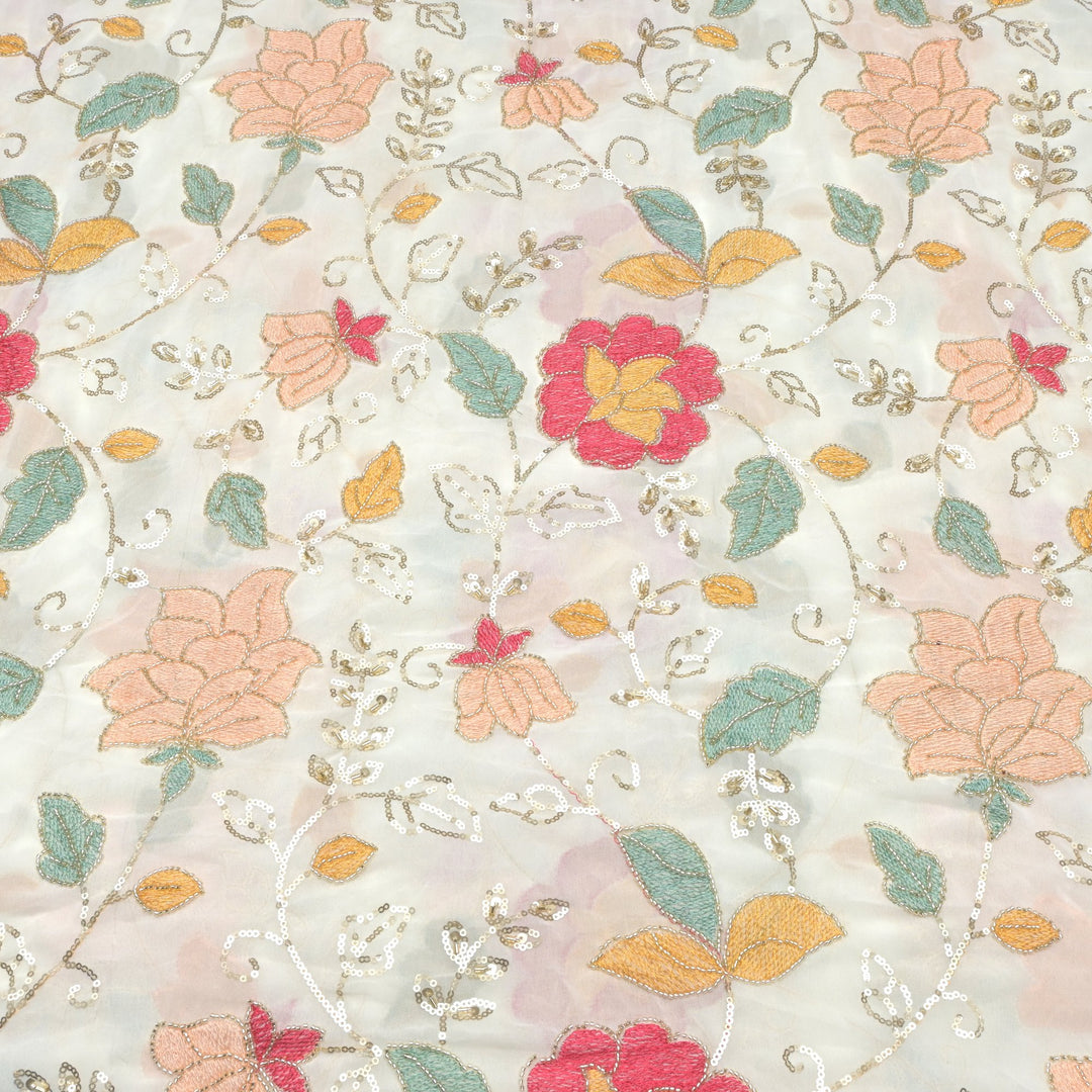 Multi thread and pearl sequin embroidery fabric on viscose organza