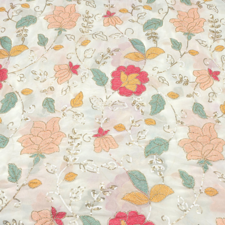 Multi thread and pearl sequin embroidery fabric on viscose organza