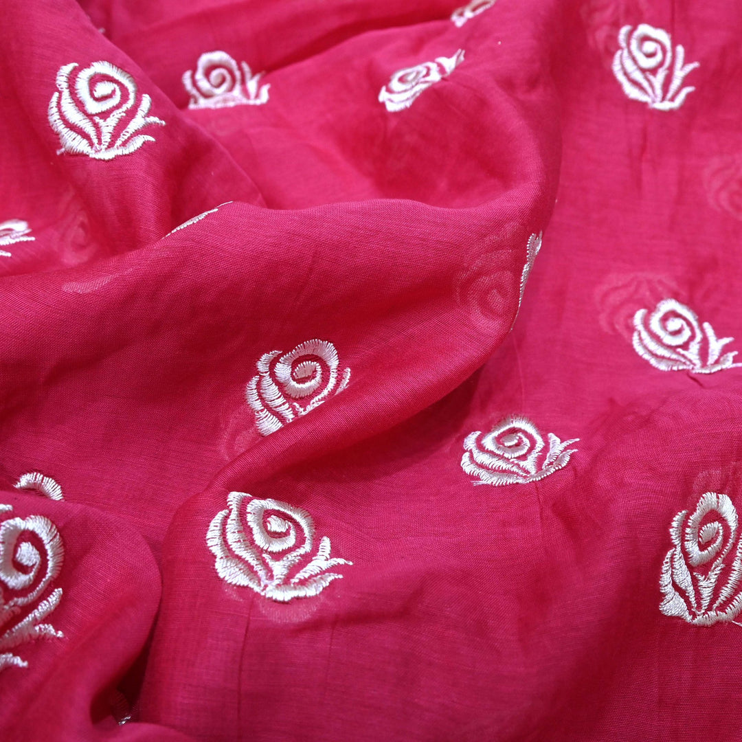Pink Lemonade Color Mul Chanderi Floral Buti Embroidery Fabric