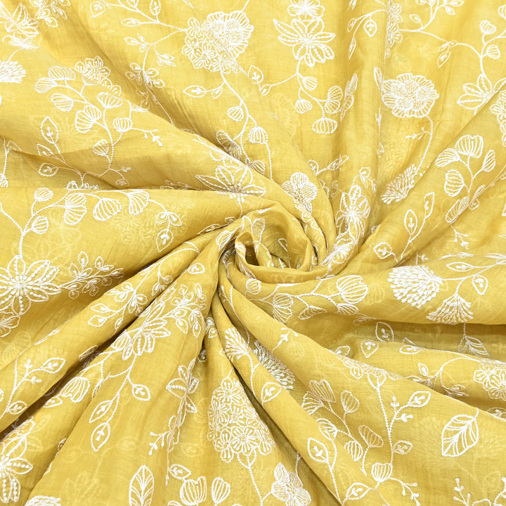 Mustard Yellow Color Mul Chanderi Thread Embroidery Fabric – Soft Lightweight Designer Fabric- F73560-2