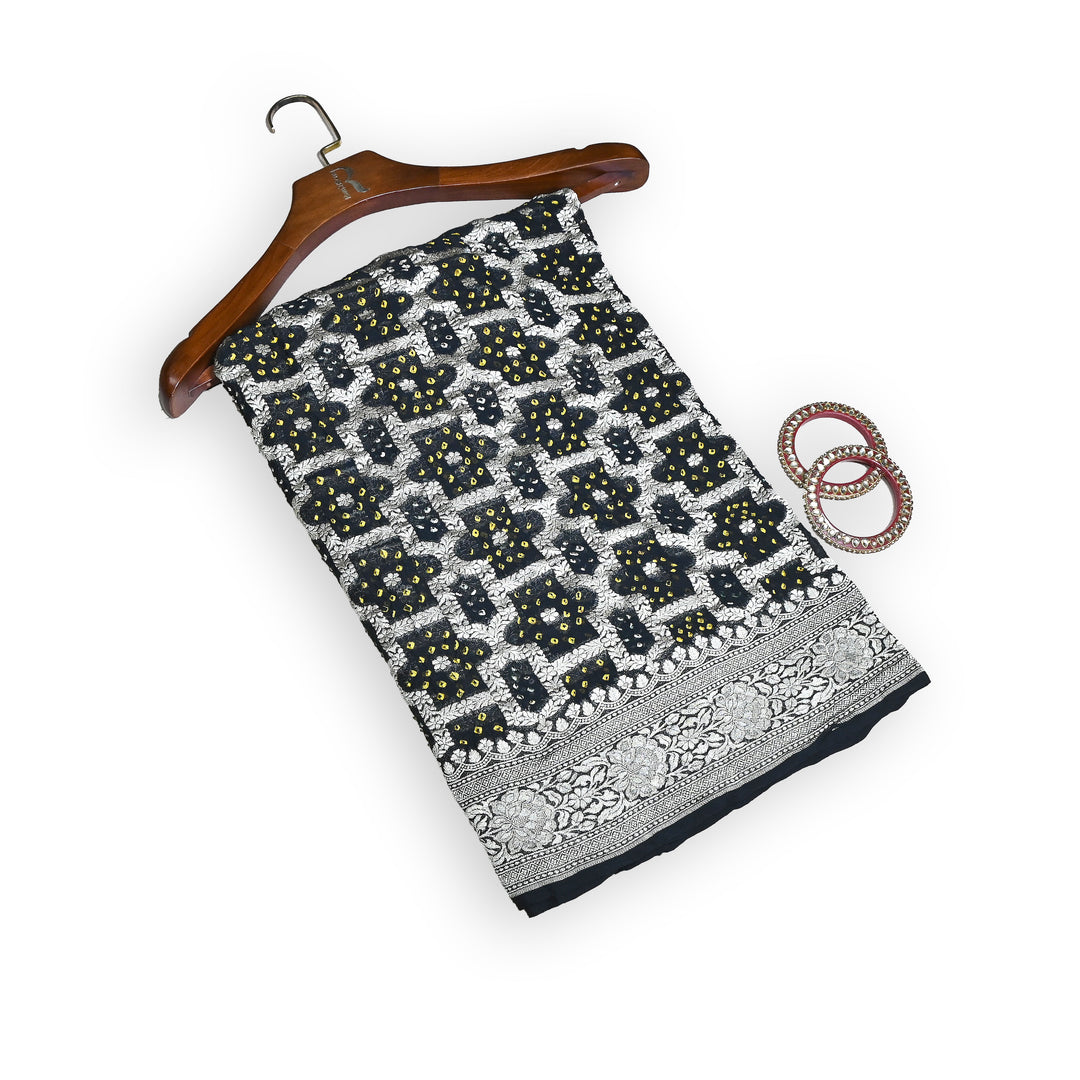 Black Gharchola Bandhani Dupatta in Pure Georgette – Traditional Zari Woven Festive Dupatta