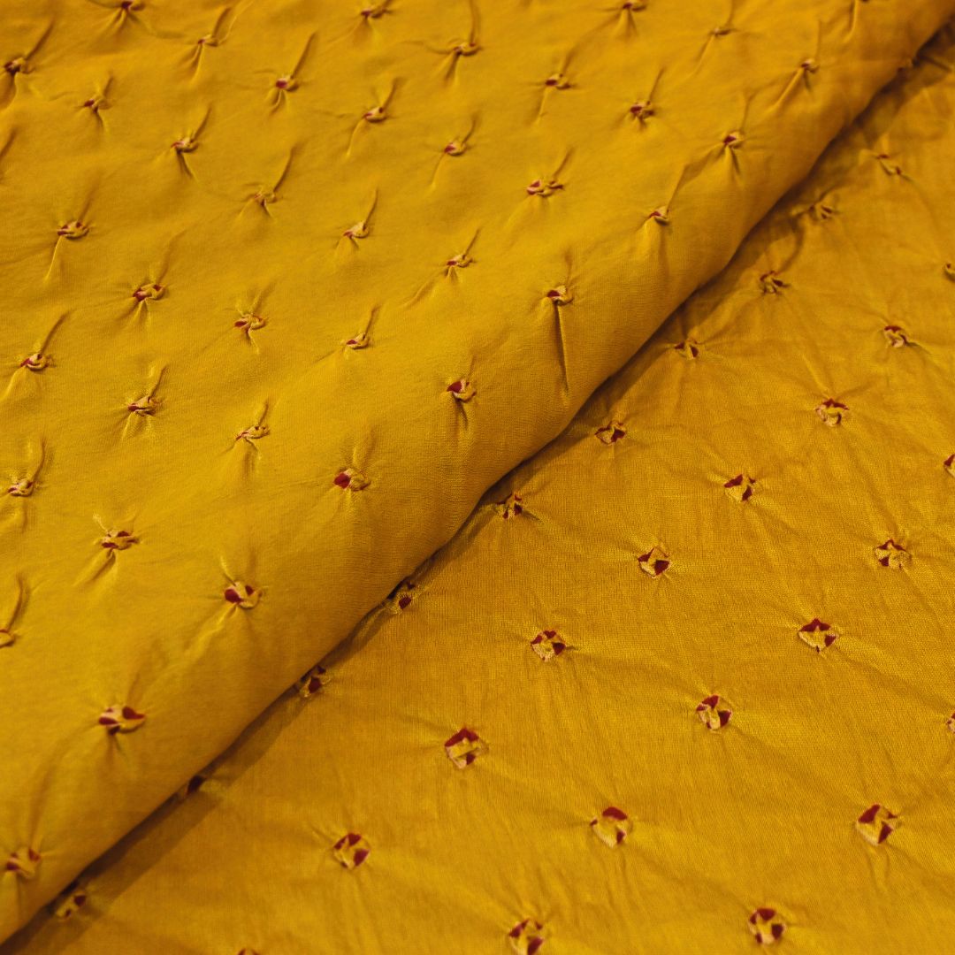 Mustard Yellow Pure Silk Chanderi Bandhni Fabric | CN-79-1083