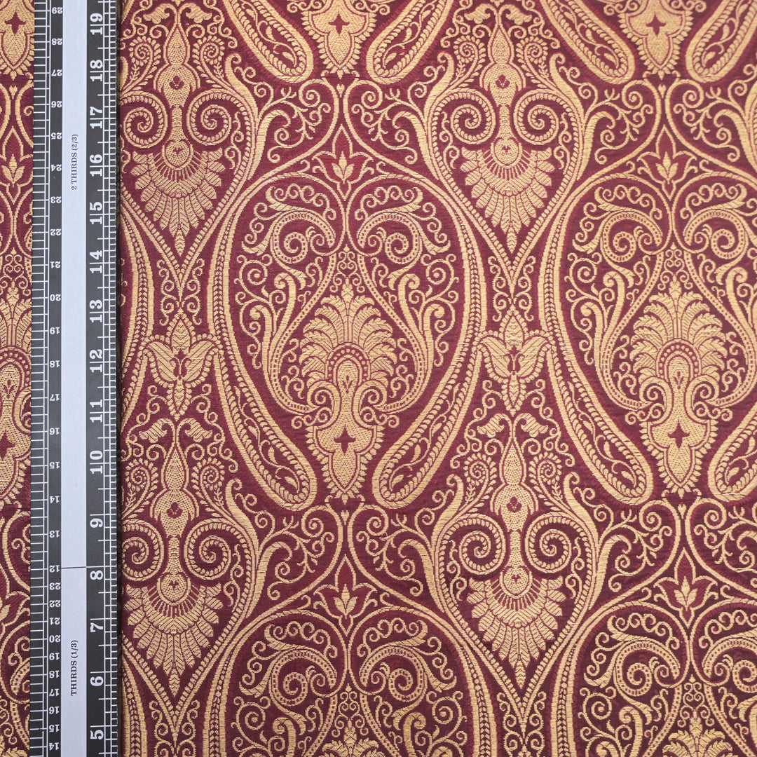 Maroon & Gold Paisley Brocade Fabric| 100-23-121