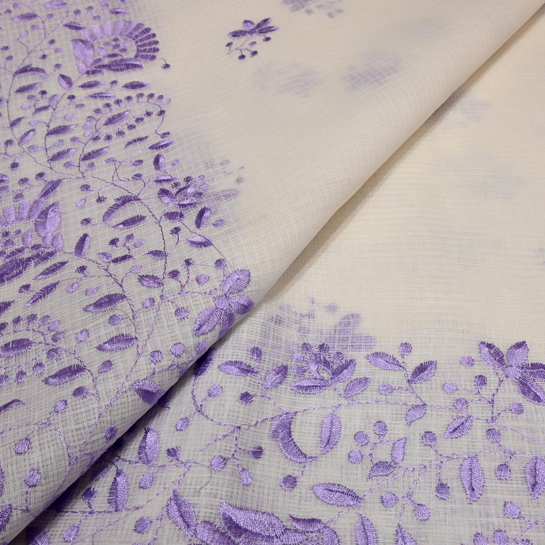 Off White with Pink Color Cotton Kota Thread Embroidery Fabric