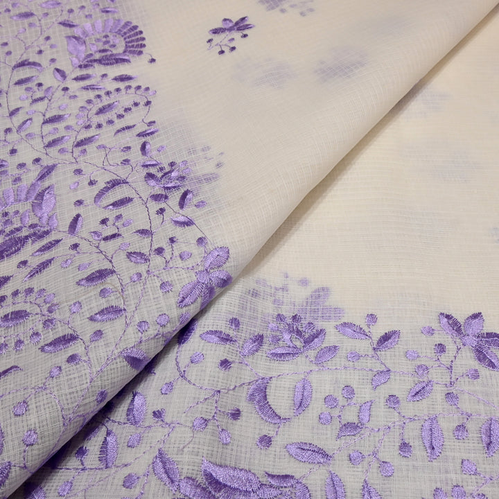 Off White with Pink Color Cotton Kota Thread Embroidery Fabric