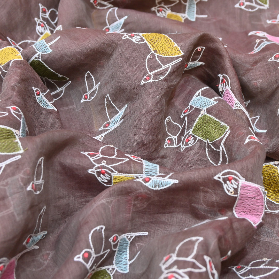 Warm earthy brown base Mul Chanderi Sequins Embroidery.