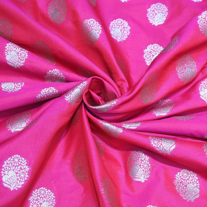 Neon Fuchsia Color Katan Silk Zari Buti Brocade Fabric