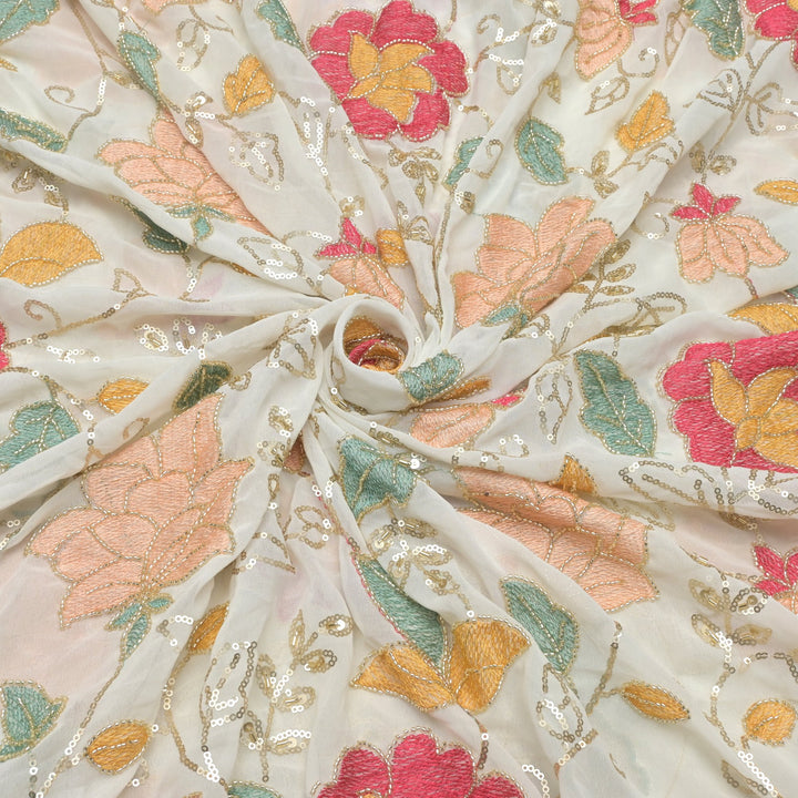 Multi thread and pearl sequin embroidery fabric on viscose organza