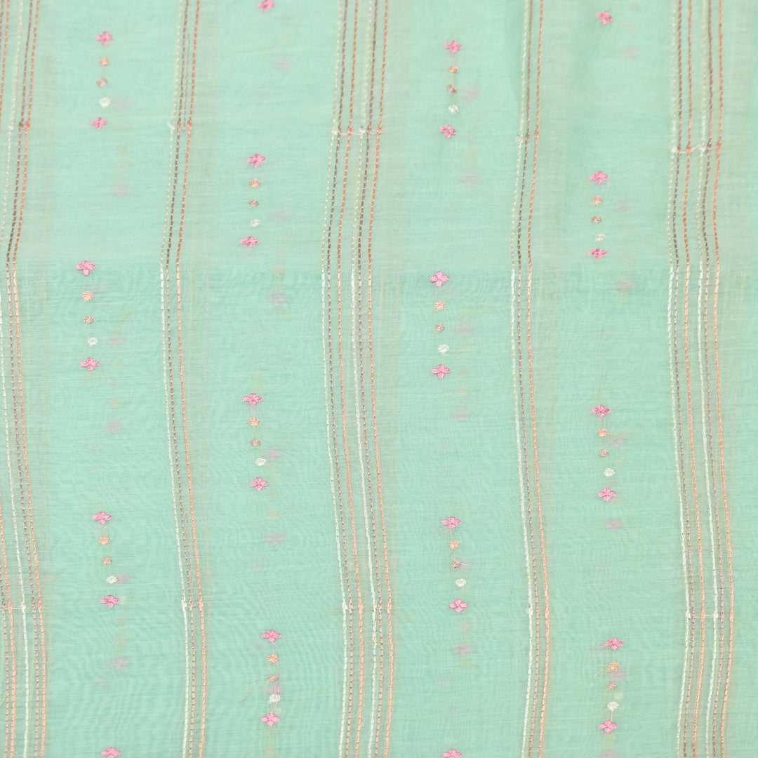 Magic Mint Green Color Mul Chanderi Thread Embroidery Fabric