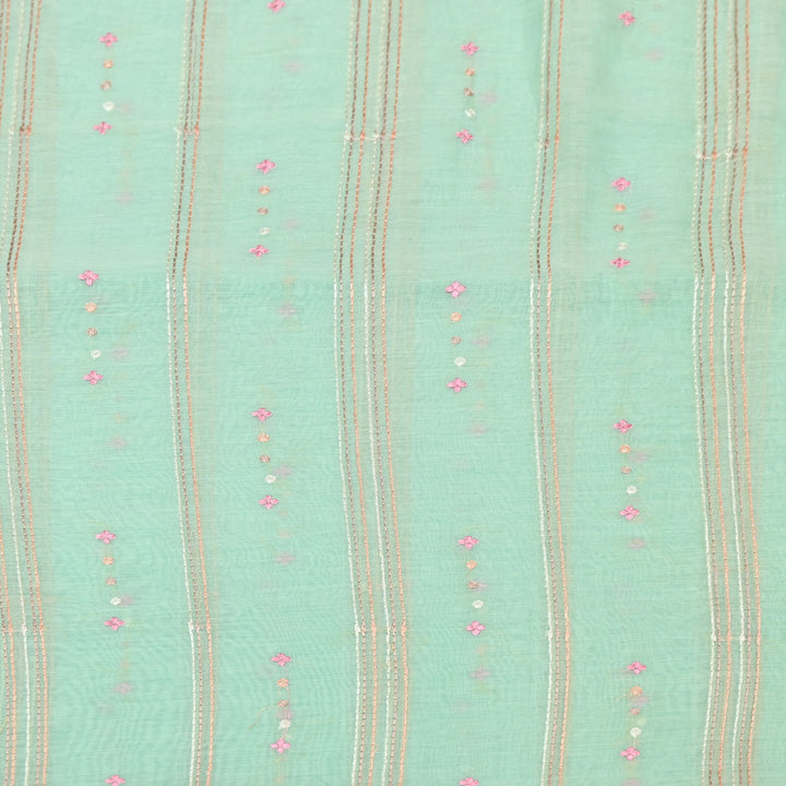 Magic Mint Green Color Mul Chanderi Thread Embroidery Fabric