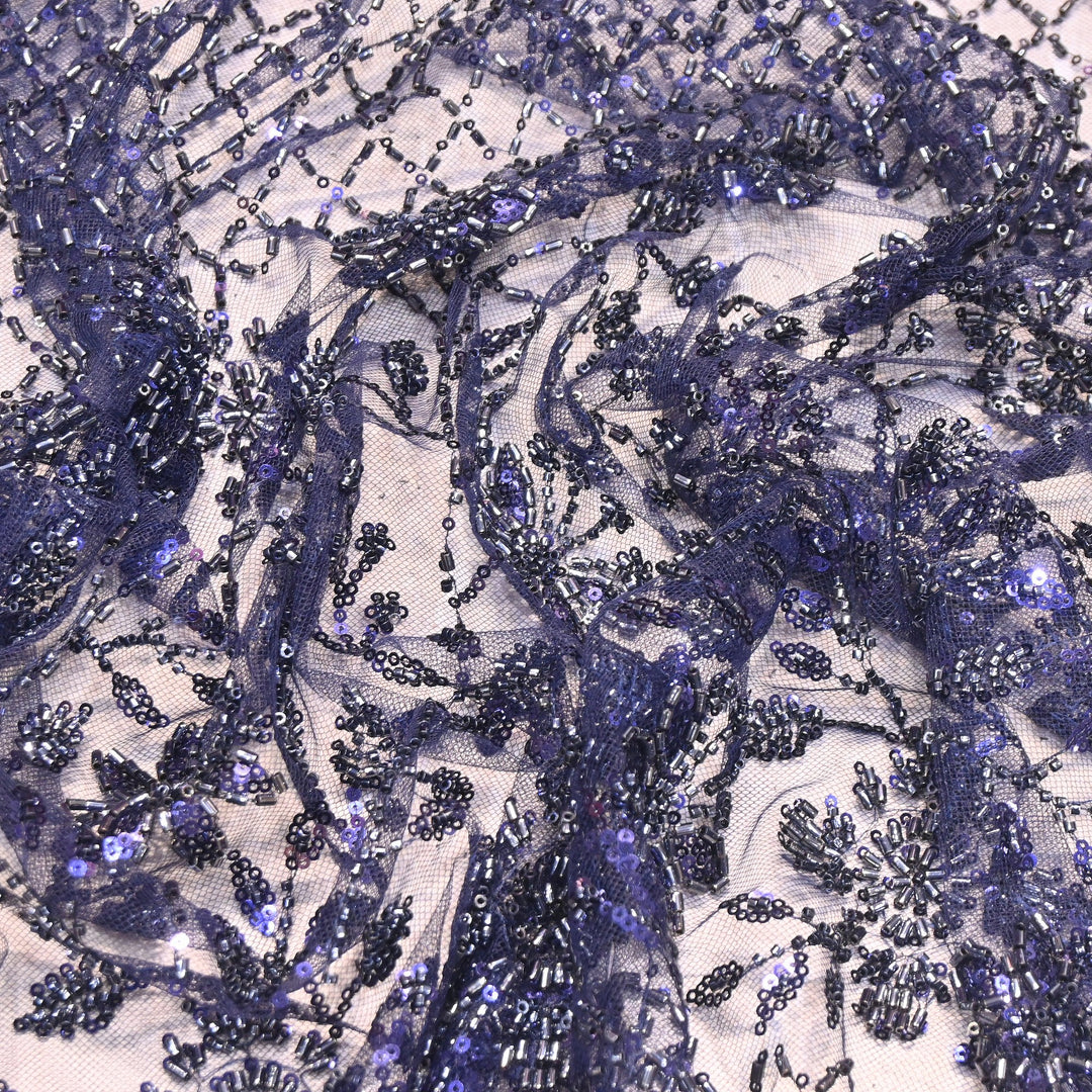 Premium Imported Heavy Beaded Floral Embroidery Net Fabric- 8827635-01