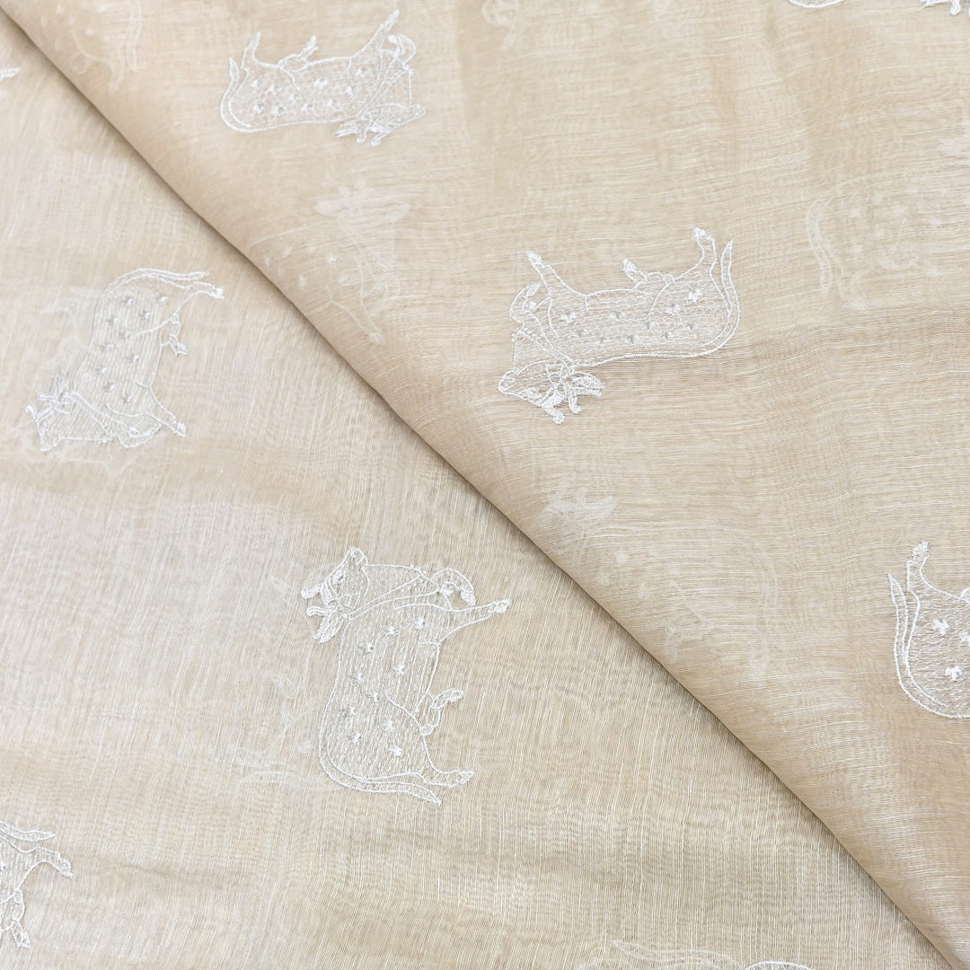 Beige Color Linen Thread Embroidery Fabrics – Soft Designer Linen Embroidered Fabric-031168-2