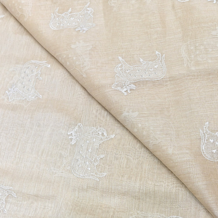 Beige Color Linen Thread Embroidery Fabrics – Soft Designer Linen Embroidered Fabric-031168-2