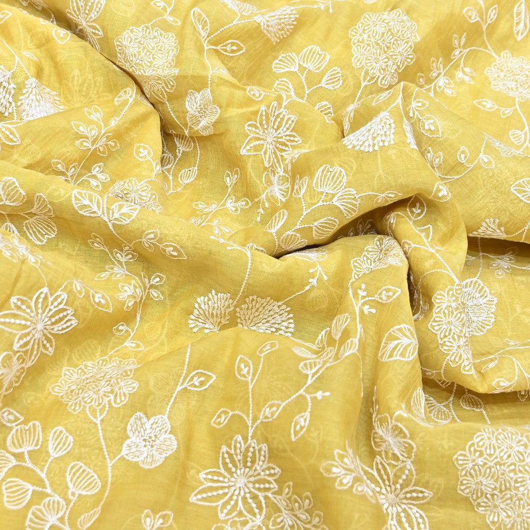 Mustard Yellow Color Mul Chanderi Thread Embroidery Fabric – Soft Lightweight Designer Fabric- F73560-2
