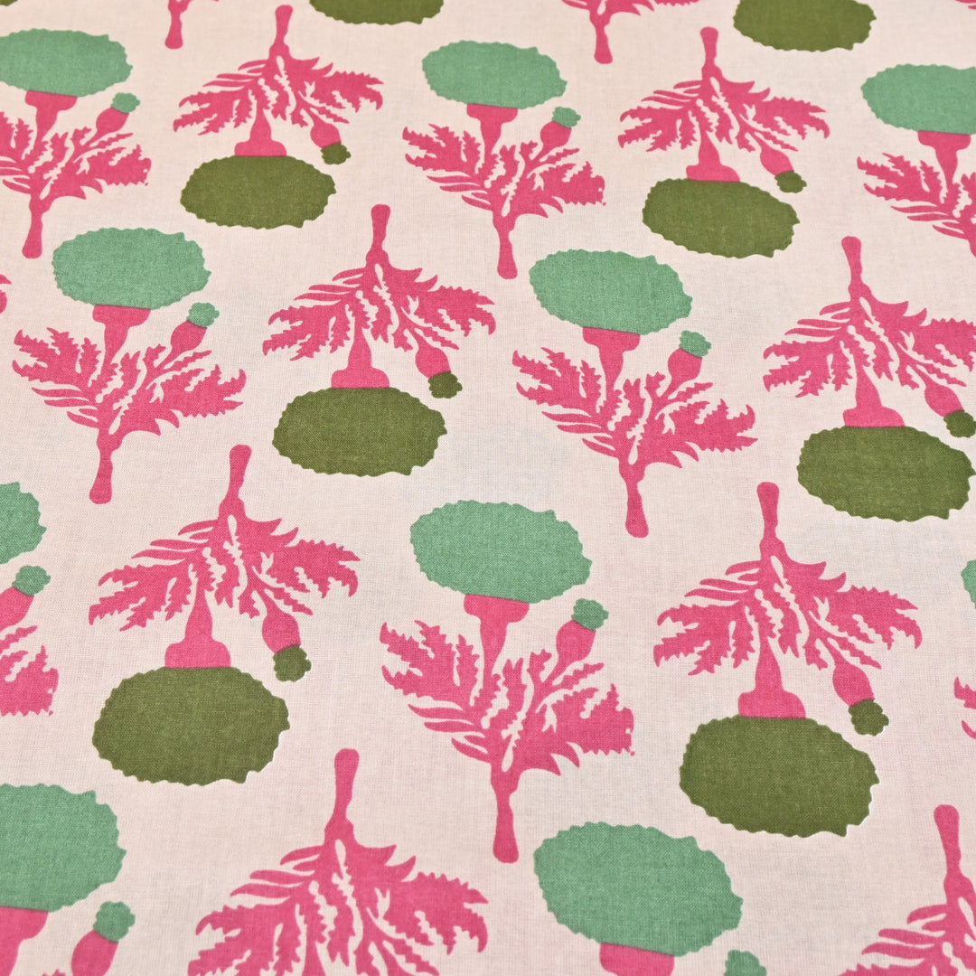 White Cotton Linen In Pink Floral Print