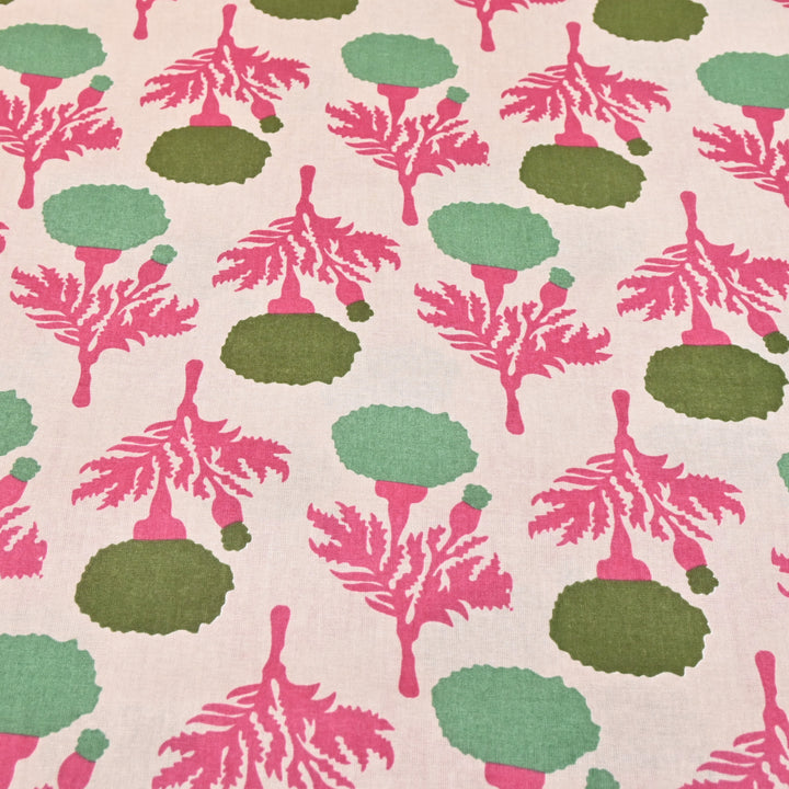 White Cotton Linen In Pink Floral Print