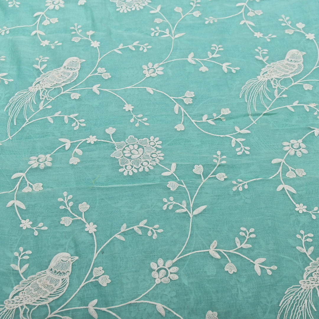 AQUA SAGE BLUE COLOR MUL CHANDERI THREAD EMBROIDERY FABRIC GP4120-4