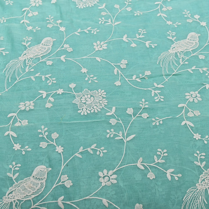 AQUA SAGE BLUE COLOR MUL CHANDERI THREAD EMBROIDERY FABRIC GP4120-4