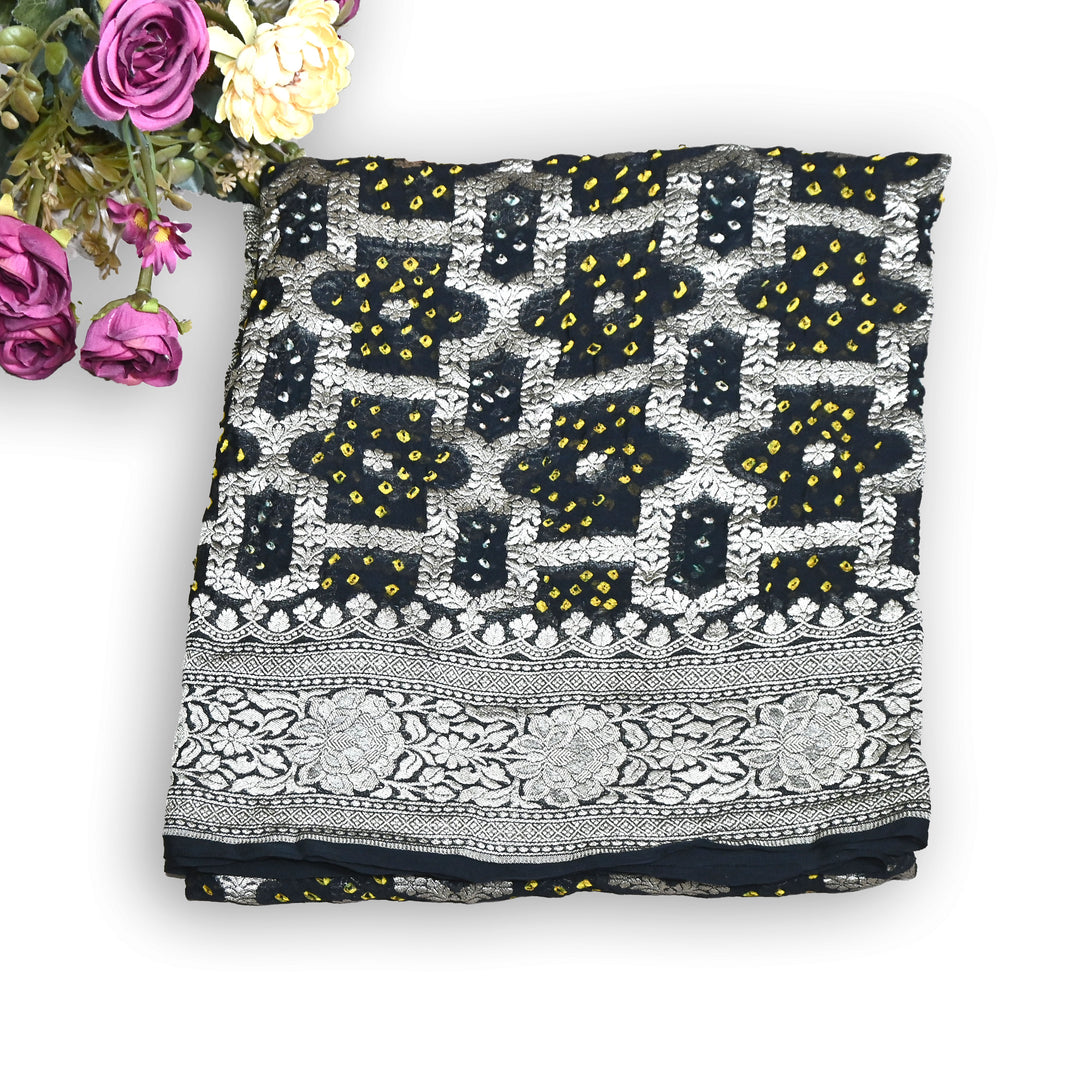 Black Gharchola Bandhani Dupatta in Pure Georgette – Traditional Zari Woven Festive Dupatta