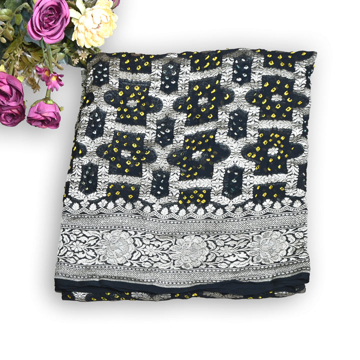 Black Gharchola Bandhani Dupatta in Pure Georgette – Traditional Zari Woven Festive Dupatta