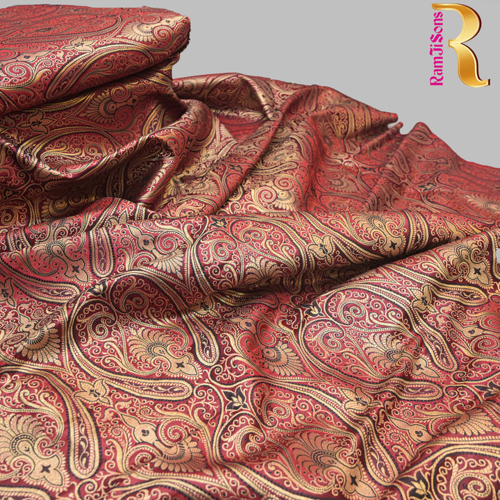 Maroon Gold & Black Paisley Brocade Fabric | 100-23-122