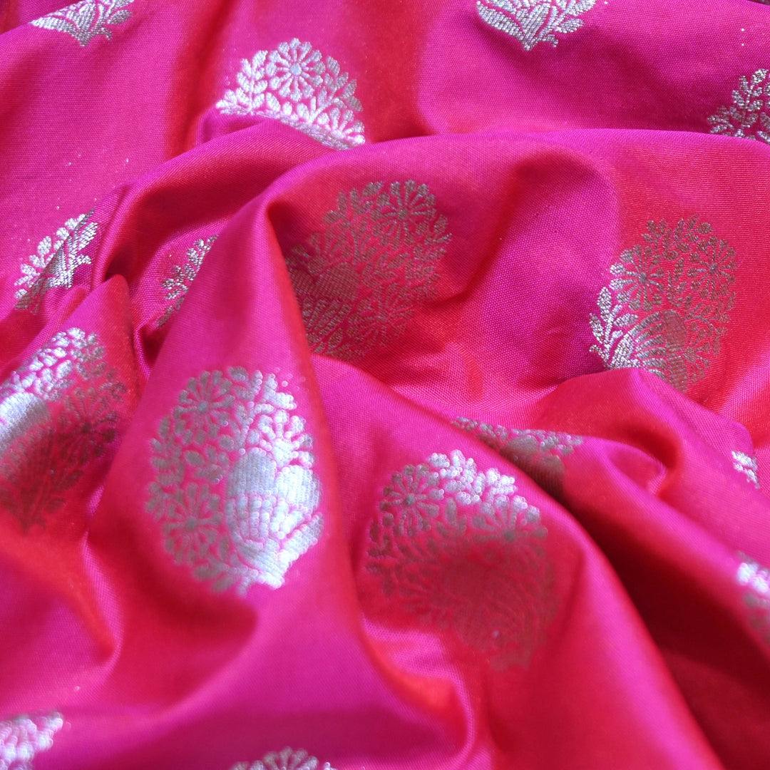 Neon Fuchsia Color Katan Silk Zari Buti Brocade Fabric