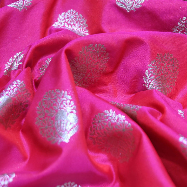 Neon Fuchsia Color Katan Silk Zari Buti Brocade Fabric