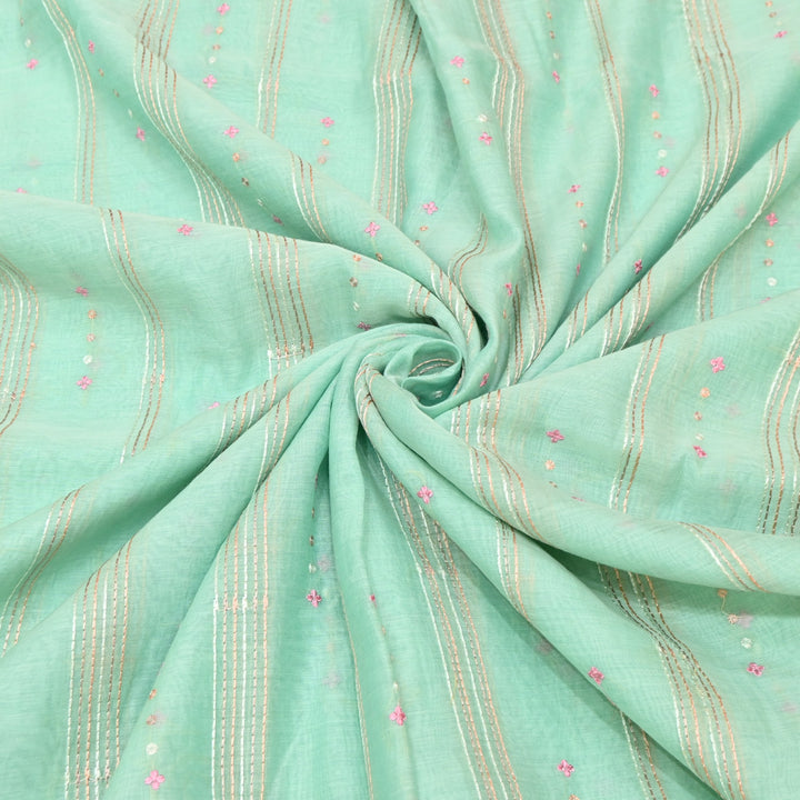 Magic Mint Green Color Mul Chanderi Thread Embroidery Fabric