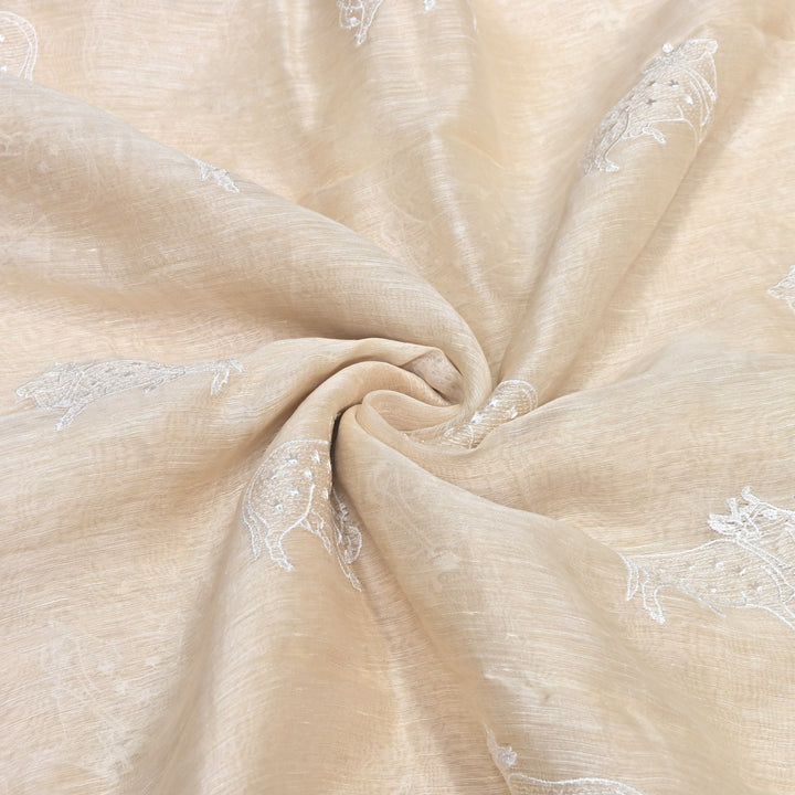 Beige Color Linen Thread Embroidery Fabrics – Soft Designer Linen Embroidered Fabric-031168-2