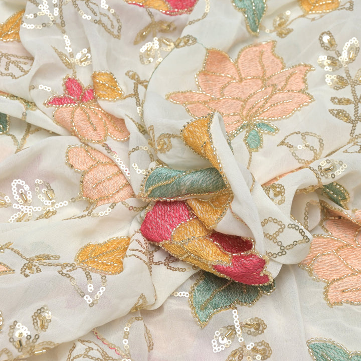Multi thread and pearl sequin embroidery fabric on viscose organza